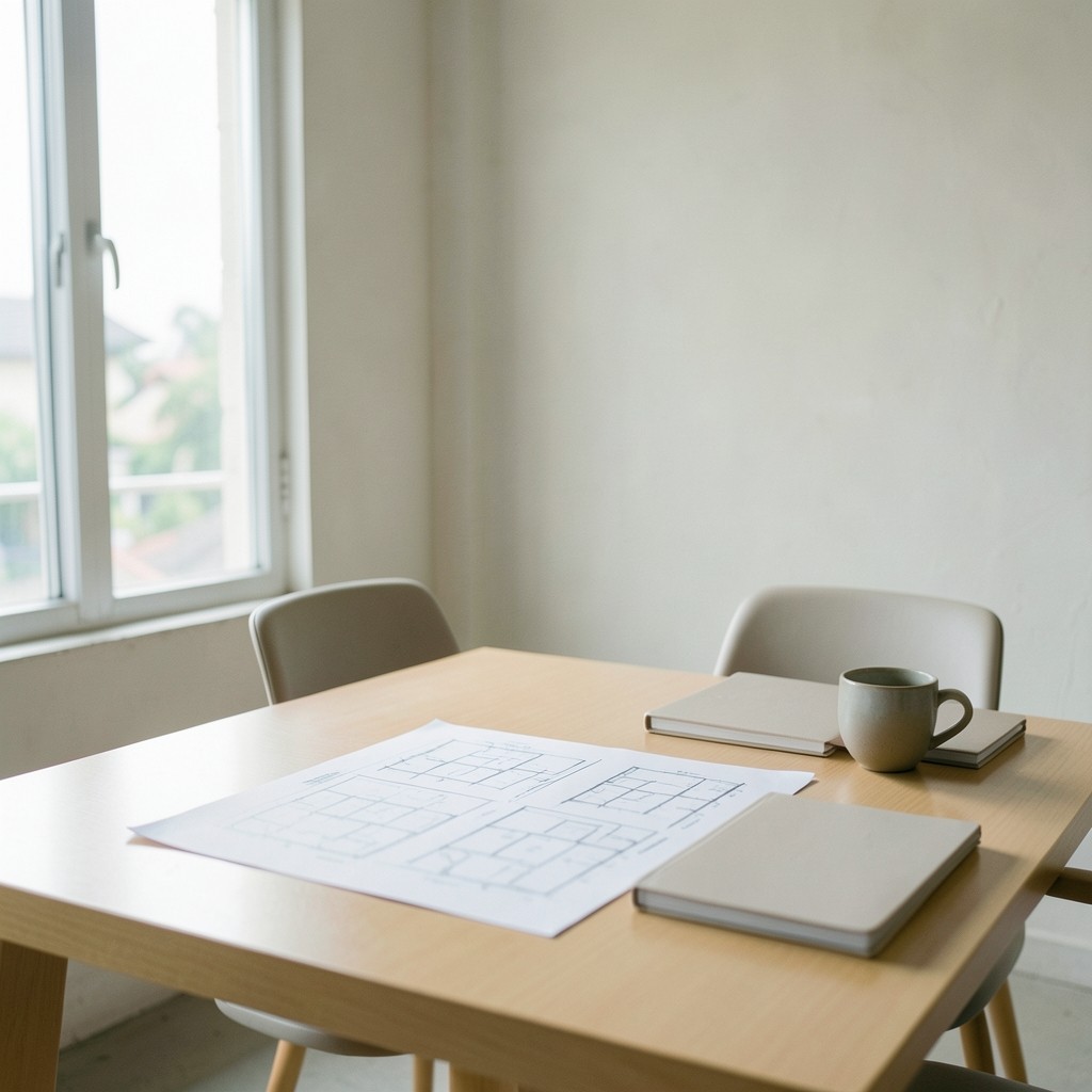 Quiet Bangkok office meeting table with printed building plans and notebooks