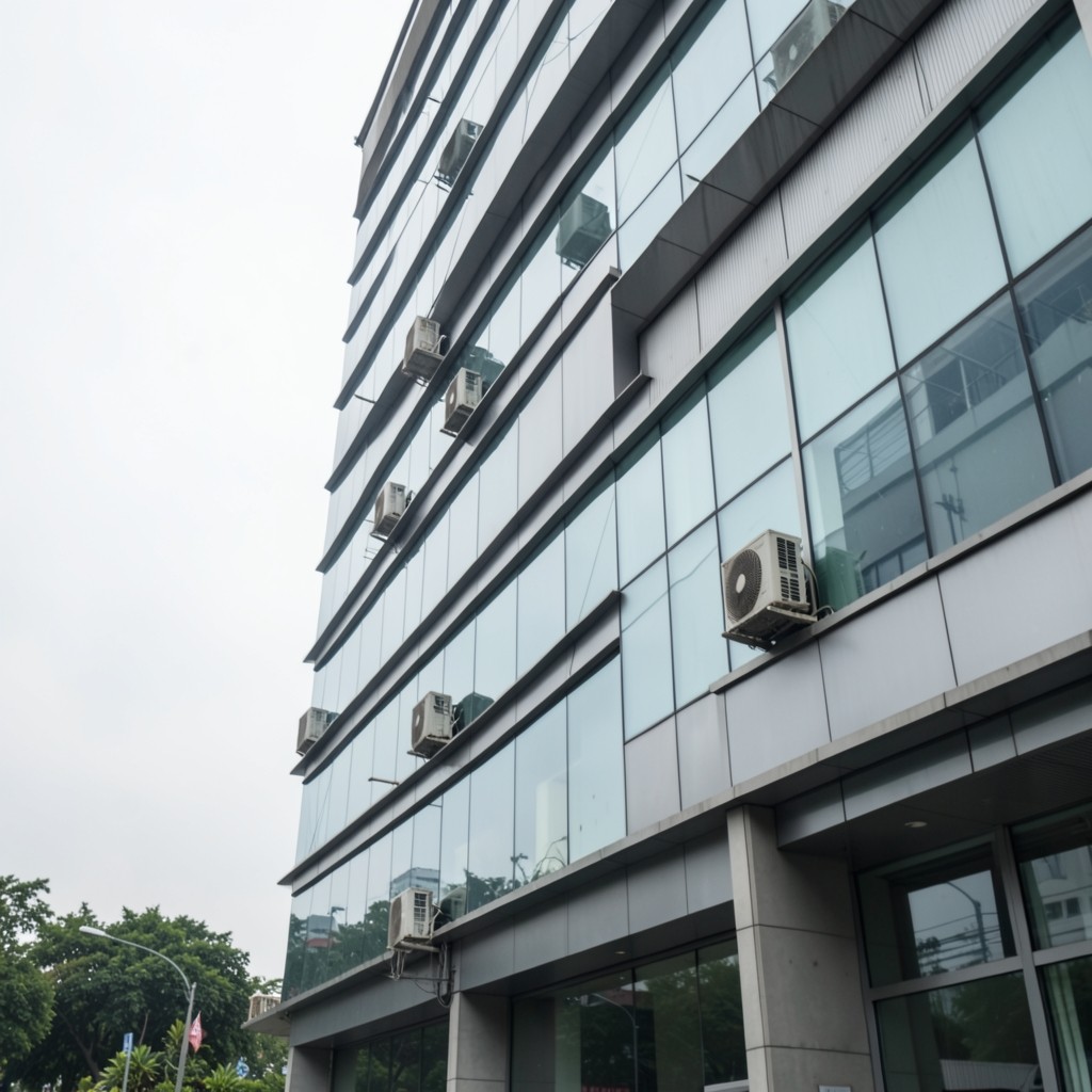 Exterior of an office building with visible outdoor cooling units in humid weather