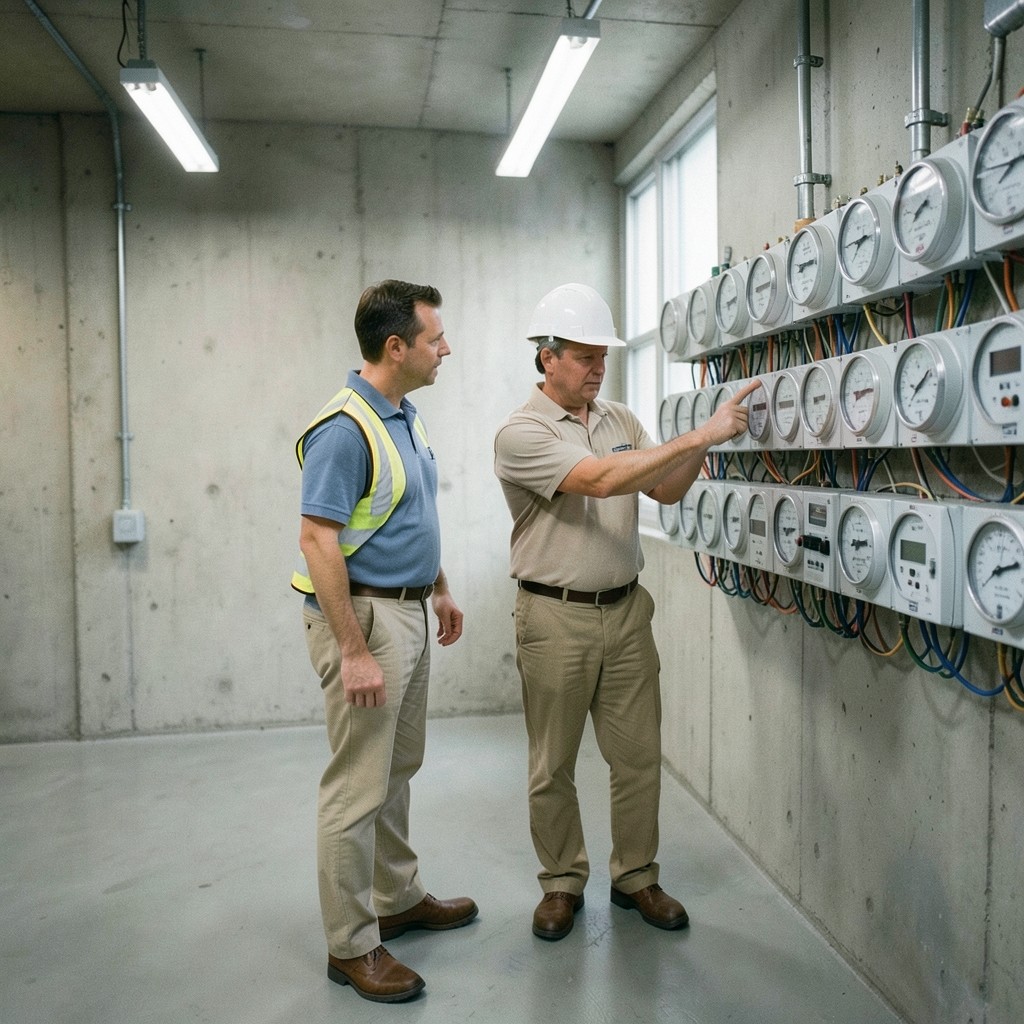 Technician and facility manager reviewing a wall of electricity meters