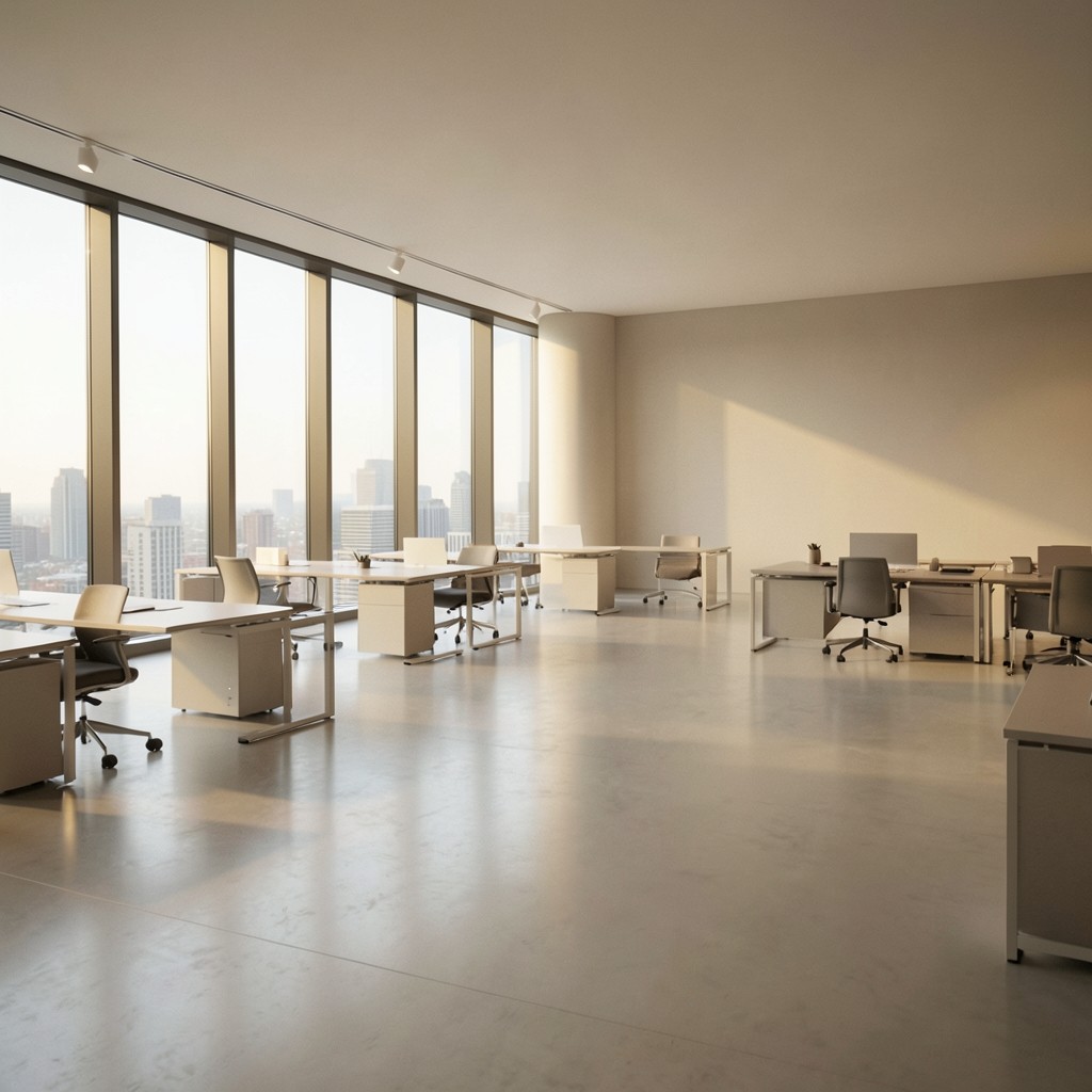 Open office floor with daylight through perimeter windows