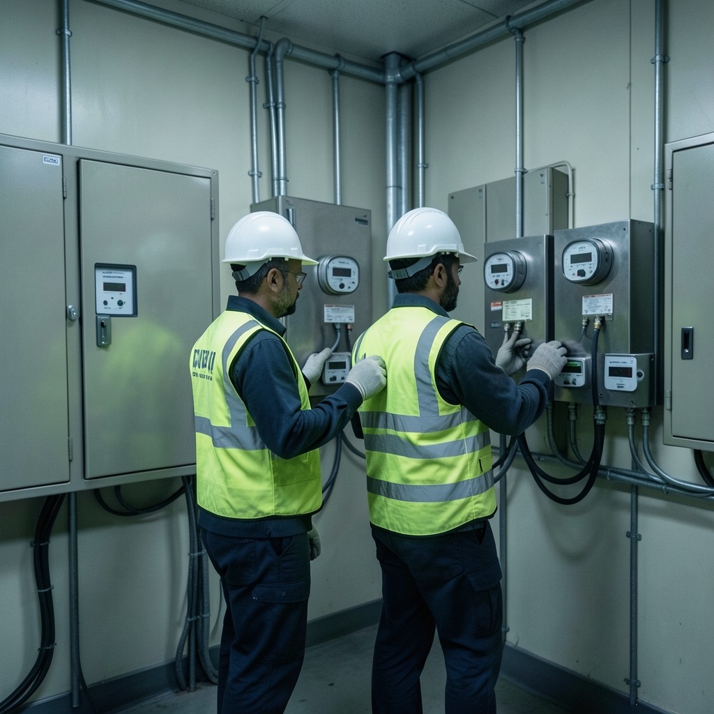 Escorted visit through a commercial building meter room with labeled panels
