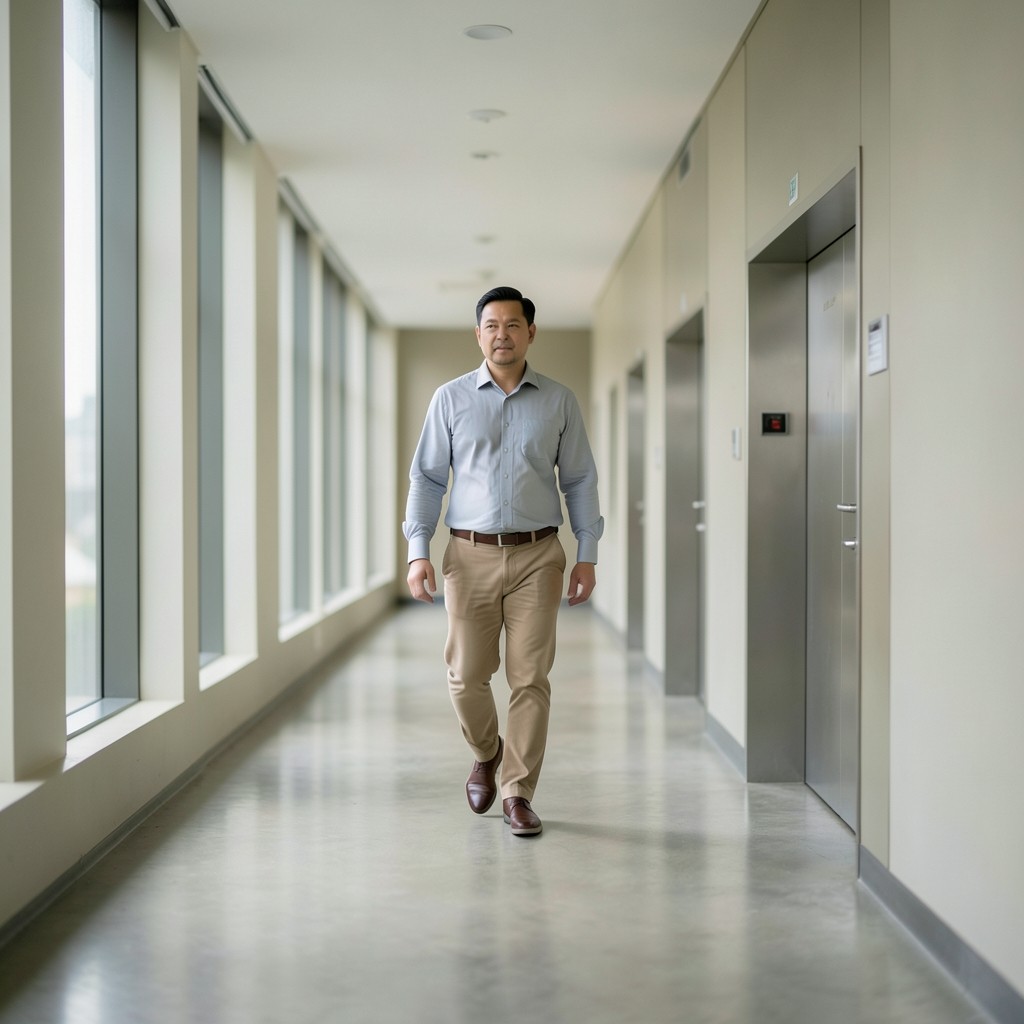 Facility manager walking a commercial building corridor toward mechanical rooms