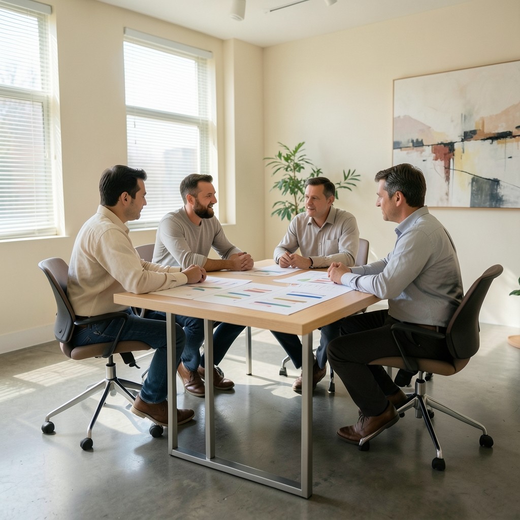 Facility team reviewing annotated consumption charts in a meeting room