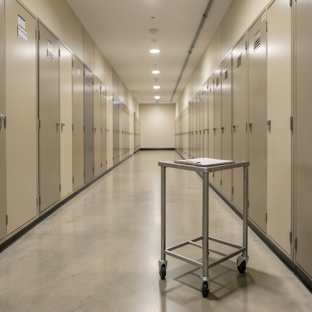Facility corridor with labeled electrical panels and clipboard notes