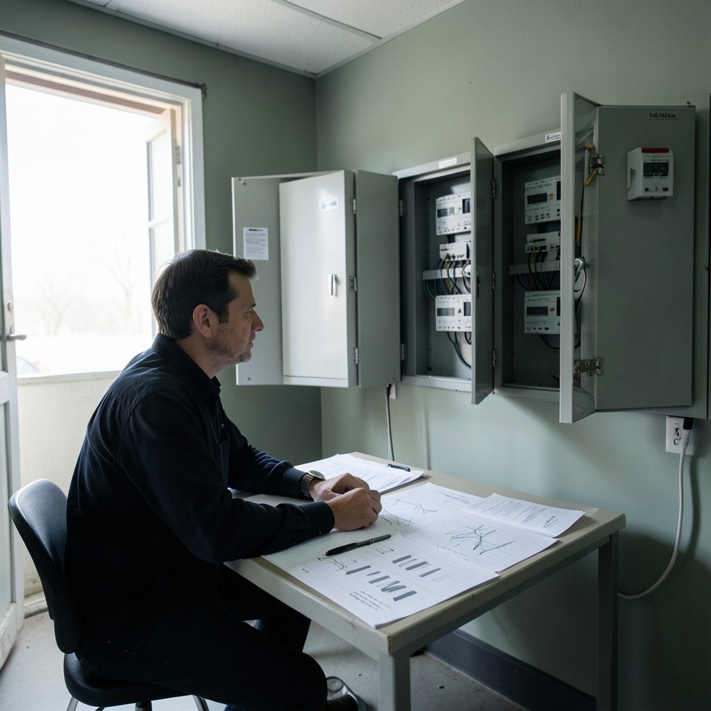 Analyst reviewing printed energy consumption charts beside building meter cabinets