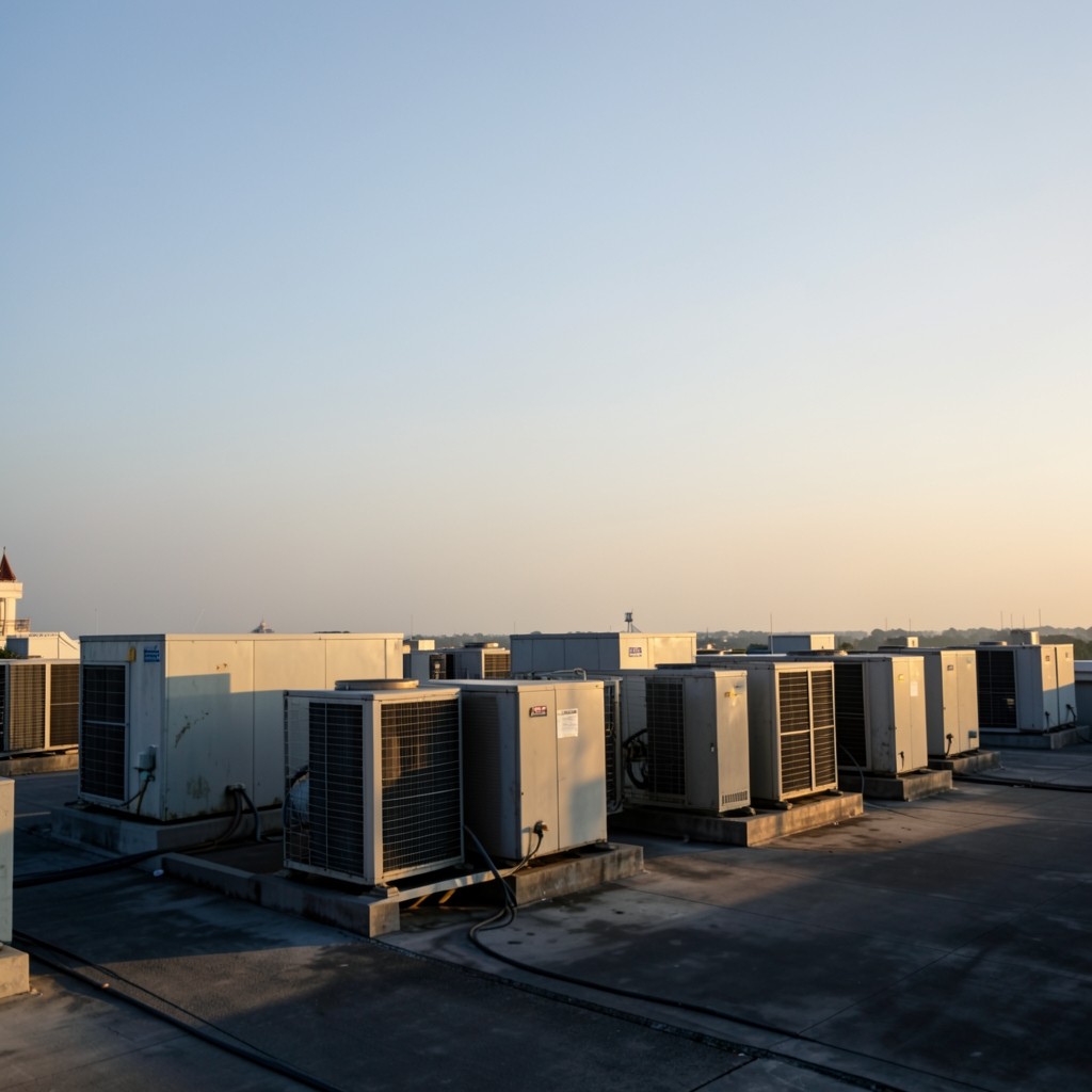 Mechanical rooftop equipment on a commercial building at late afternoon